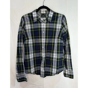 J Crew Perfect Shirt Women 2 Blue Tartan Plaid Cotton Long Sleeve Button Up
